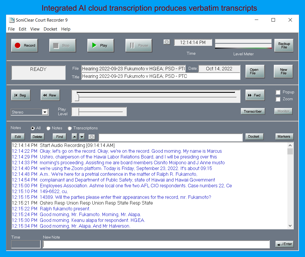screenshot of SoniClear Court Recorder